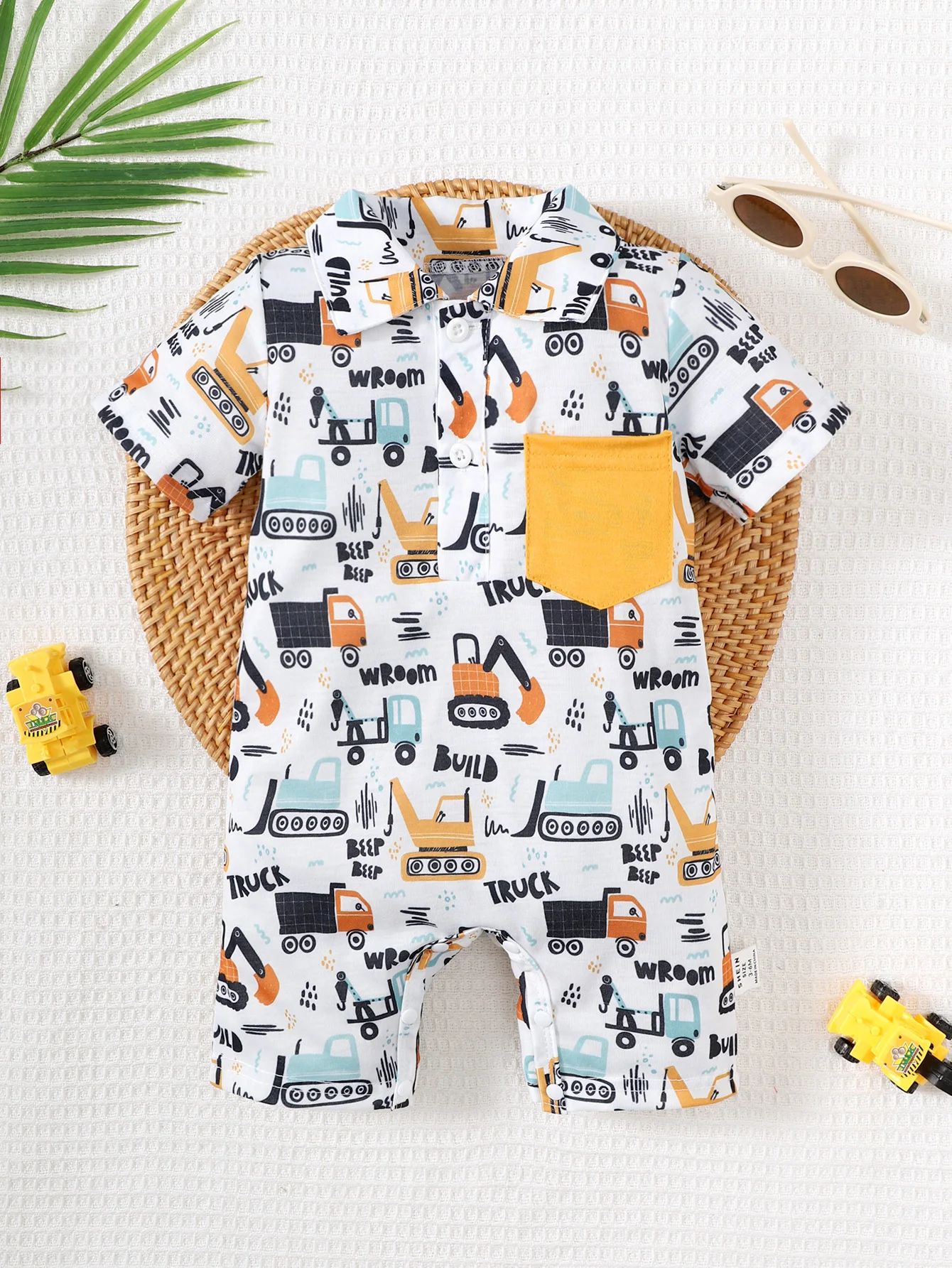 3-24M Baby Boy Fun Cute Car Letter Pattern Open Front Shirt Jumpsuit Shorts Spring/Summer Style