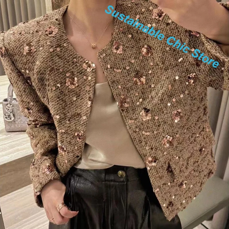 French khaki temperament gold sequins small fragrance coat women's autumn and winter new fashion high-grade tweed wild top