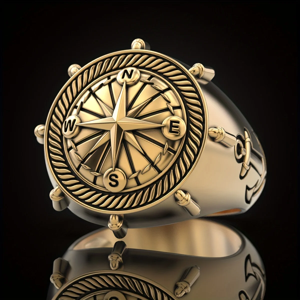 Original Design Vintage Compass Rings for Men Luxury 18K Gold Plated Voyage Anchor Punk Ring Fashion Male Jewelry