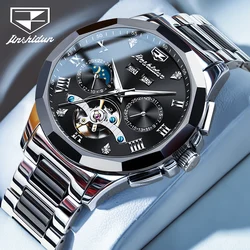 JSDUN 8949 Original Automatic Man Watch Classic Black Face Hollow Flywheel Calendar Moon Phase Mechanical Wrist Watches for Men