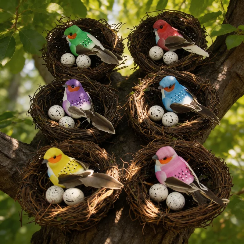 Nido de Pájaro de Ratán Tejido a Mano Artificial con Huevos de Codorniz Simulados - Decoración de Pascua y Accesorios de Decoración para el Hogar, Jardín y Fotografía