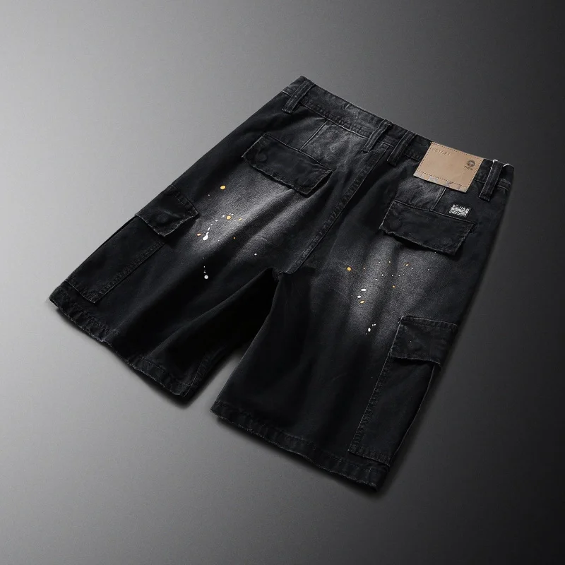 Men's 5-Inch Denim Shorts Streetwear Style Black Retro Distressed Splash Ink Paint Loose Straight American Style Edgy Stylish Ca