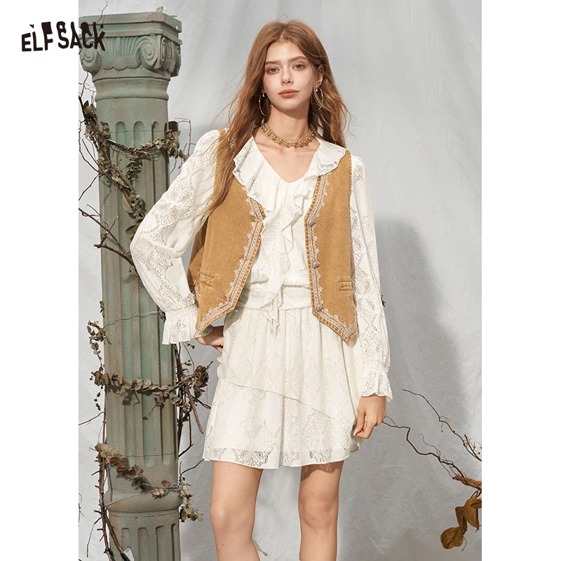 ELFSACK Women Vintage 2‑Piece Outfit with Embroidered Vest & Ruffle Lace Long Sleeve Mini Dress Retro Suit for Autumn Daily Wear