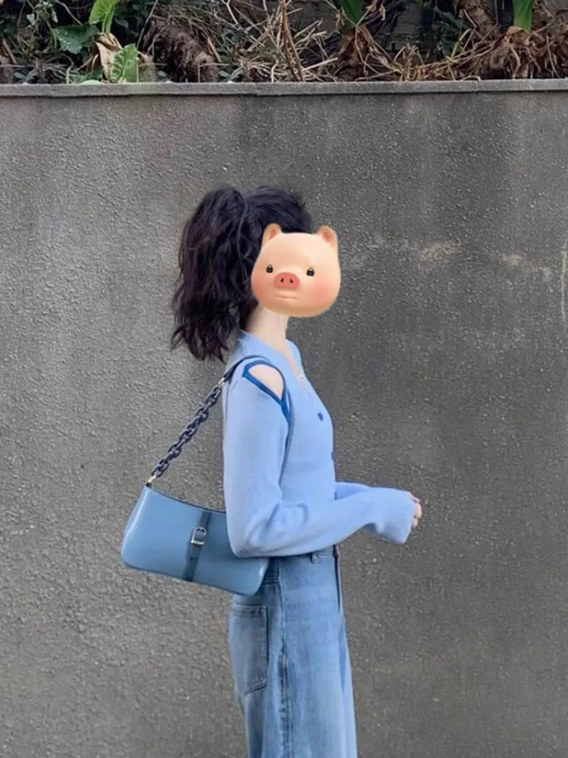 คาร์ดิแกนถักคอวีสีฟ้า cewek seksi หวาน, สเวตเตอร์ถักแฟชั่นสะพายไหล่เข้ารูปกลวงฤดูใบไม้ร่วง