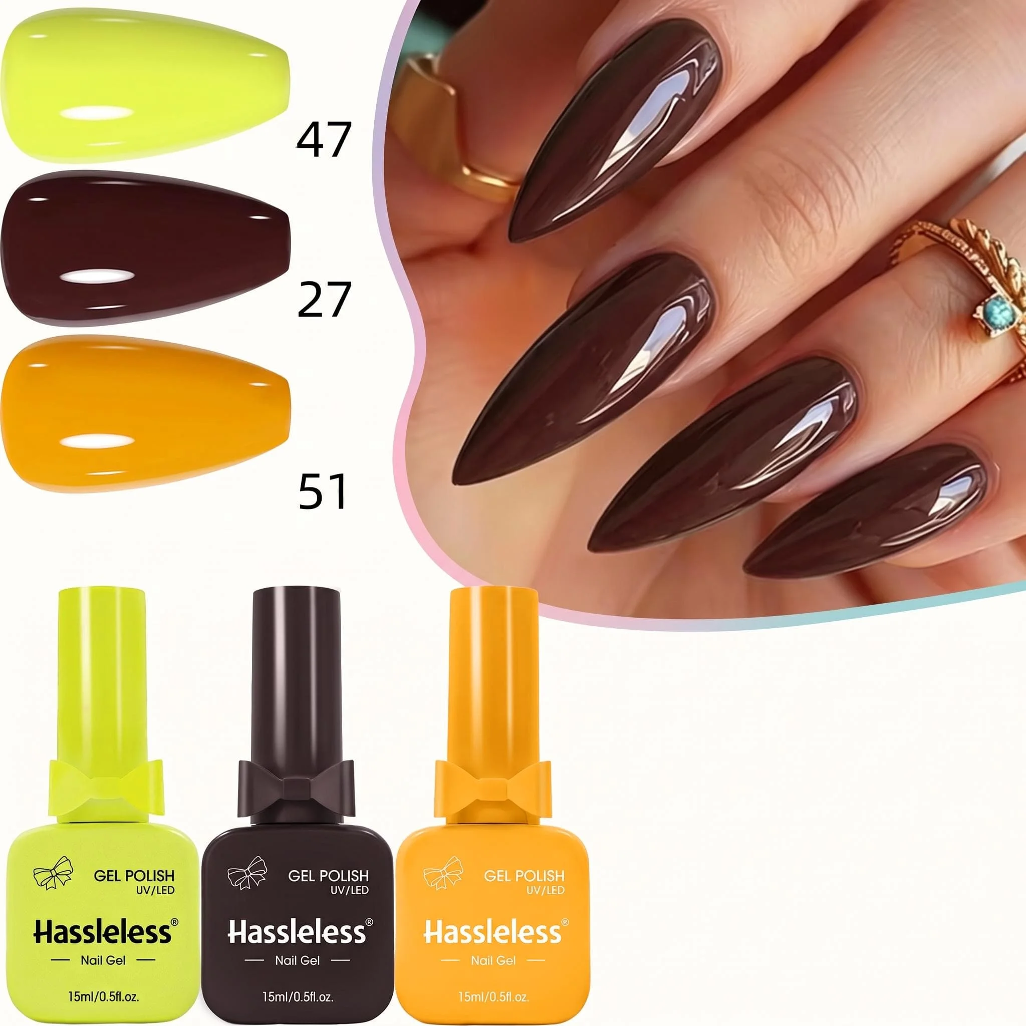 Hassleless 3-Piece Armor Gel Polish Set: Maillard Deep Brown, Fluorescent Yellow, Pumpkin Orange Solid Color Gel Polish, Long-Lasting, High Saturation, Removable, DIY at Home, Nail Art