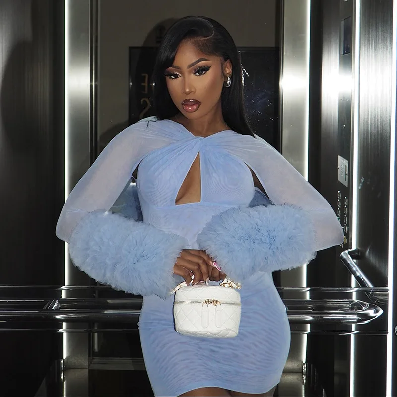 

Sexy Mesh Cross Hollow Long Sleeve Furry Tight Bodycon Dress Autumn Winter New Arrival Women's Fashion round Neck Dress