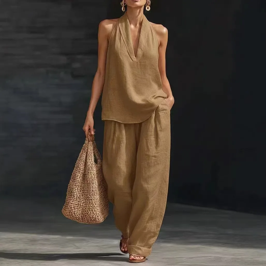 Sommerliches Damen-Freizeit-Set aus Leinen: 2-teiliges Halter-Neck V-Ausschnitt Top und Weite-Bein-Hose für Strand und Urlaub – Detail 13