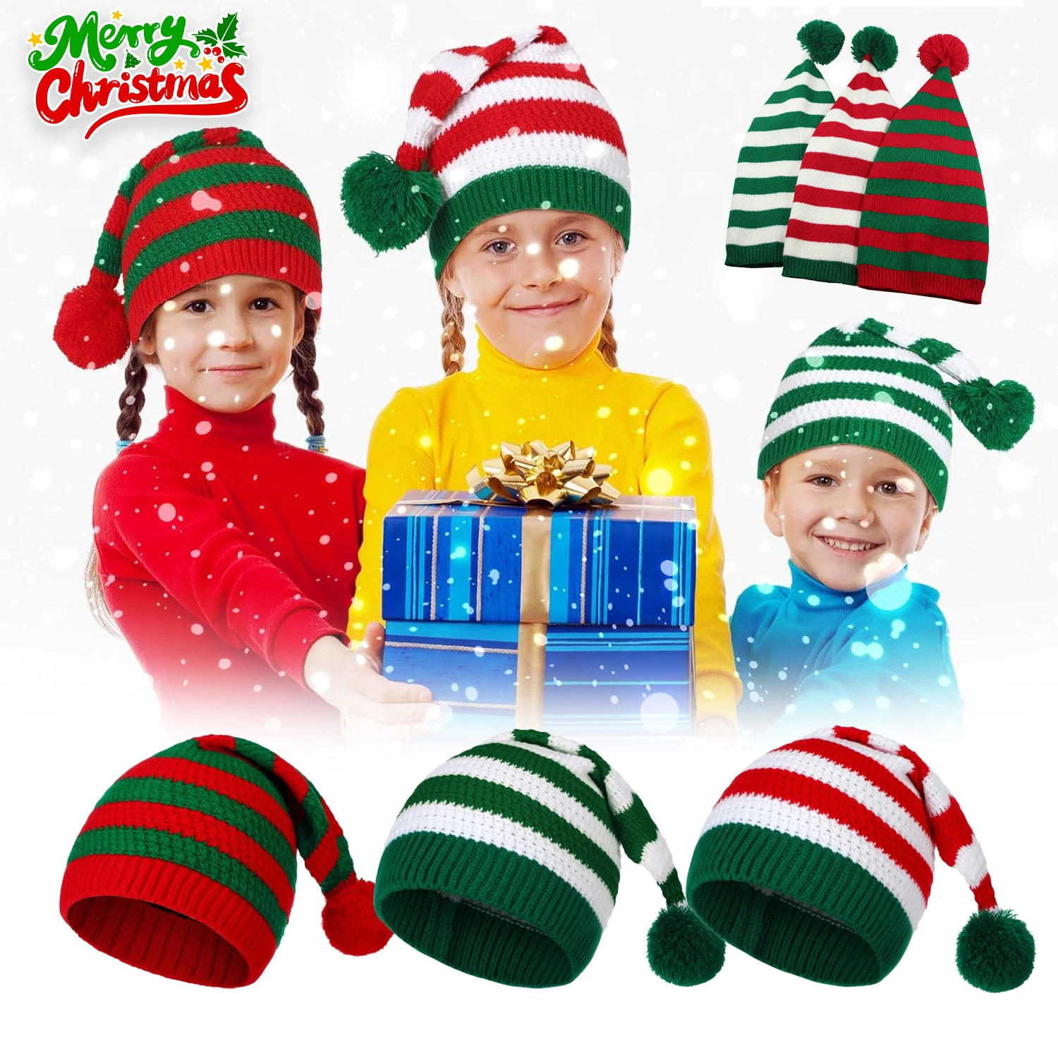 Weihnachtsstrickmütze mit langem Schwanz, Unisex, Euro-Stil, Bommel, Strumpfmütze, Elfenmütze, Urlaubsgeschenk-Paket-Set