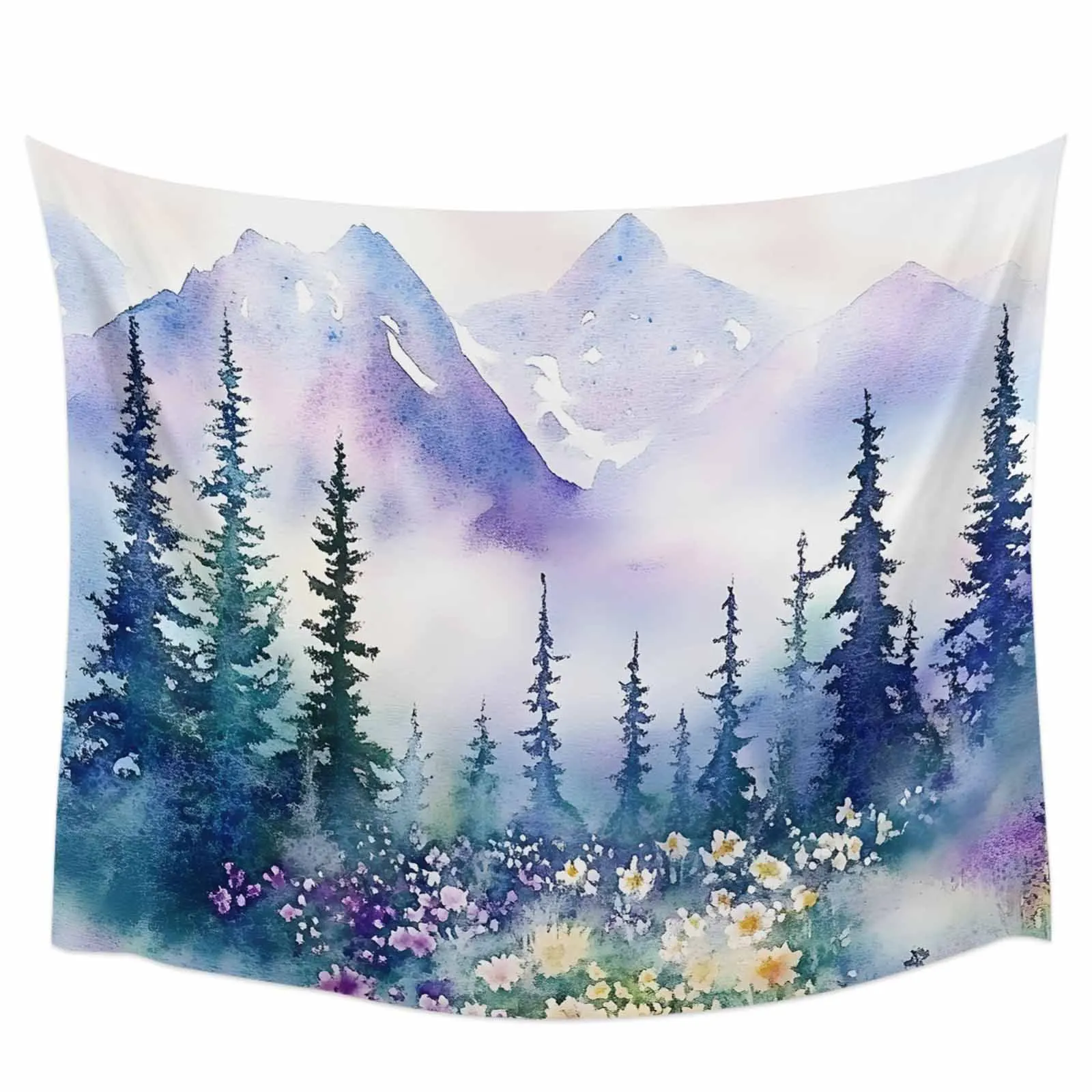 Tapiz de pared de flores y árbol de montaña de acuarela, cubierta, toalla de playa, Picnic, esterilla de Yoga, decoración del hogar