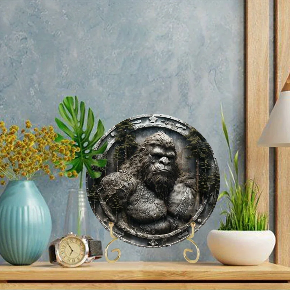 Sasquatch Themed Metal Art Deco Sign, Round Aluminum Flat Hanging Plaque for Office, Wall Art Home Decor, Decorative Wall Poster