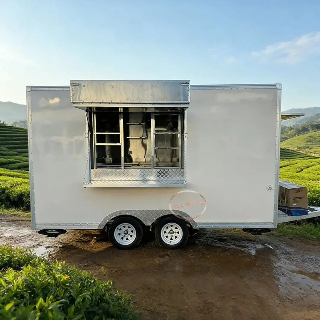 

Stainless Steel Mobile Food Truck, Commercial Kitchen Trailer, Catering Food Cart with Sink and AC