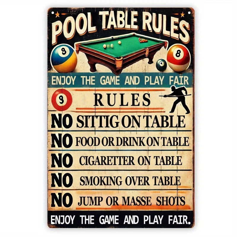 Vintage Pool Table Rules Metal Tin Sign, , Retro Aluminum Wall Decor for Home, Bar, Cafe, Office, Farmhouse - Multi-Purpose Eng
