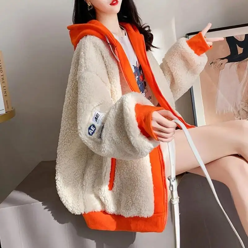 

Hot 2025 New Women Autumn Winter Contrasting Splicing Jacket Korean Version Design Sense Fashion Loose Hooded Sweatshirt Jacket