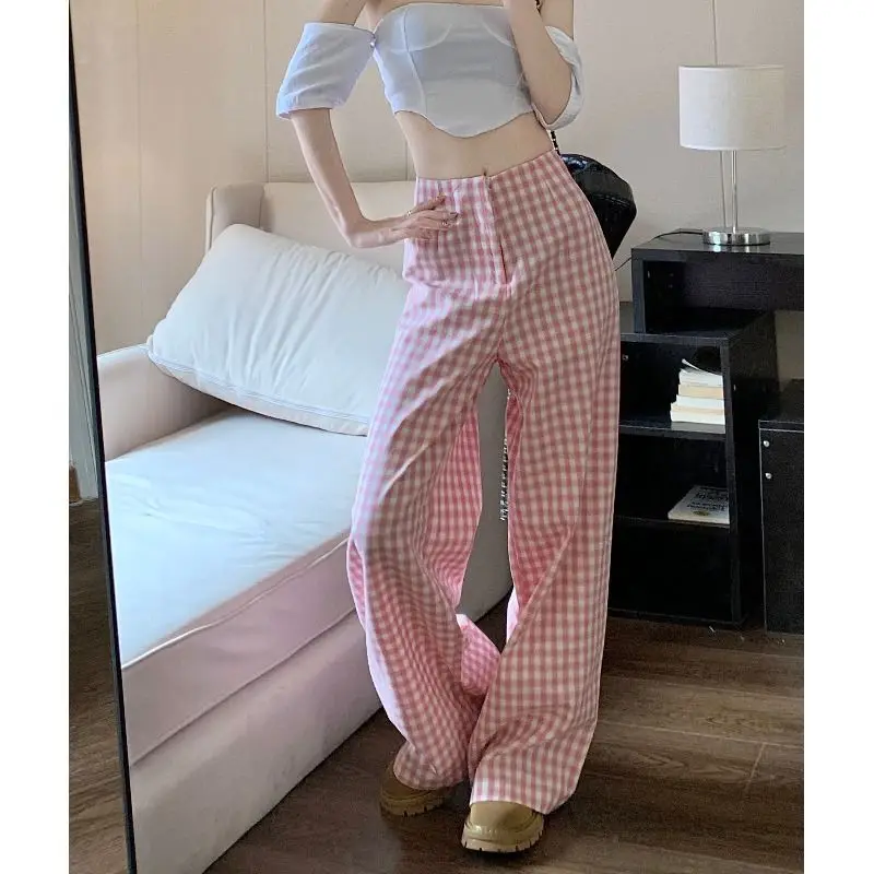 

Pink Plaid Kawaii Wide Leg Pants Women 2023 Spring Summer Korean Fashion Y2k Streetwear Casual Loose Vintage Trousers