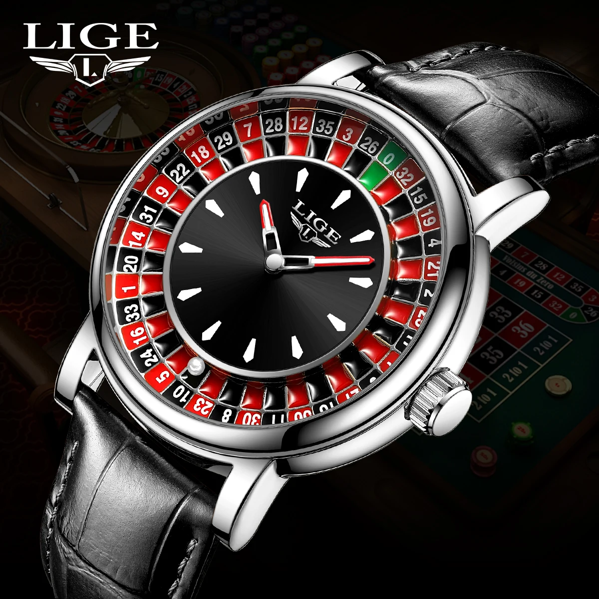 LIGE Quartz Man Watch Fashion Luxury Creative Roulette Game Dial Design Leather Casual Life Waterproof Watches for Men Gifts+Box