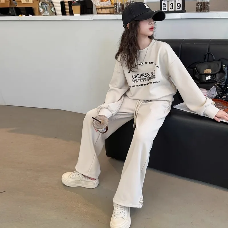 ملابس أطفال بناتي موضة خريف وشتاء وربيع لعام 2025 سترة بأحرف للأطفال تي شيرت + بدلة رياضية فضفاضة 4 8 10 12 سنة #4