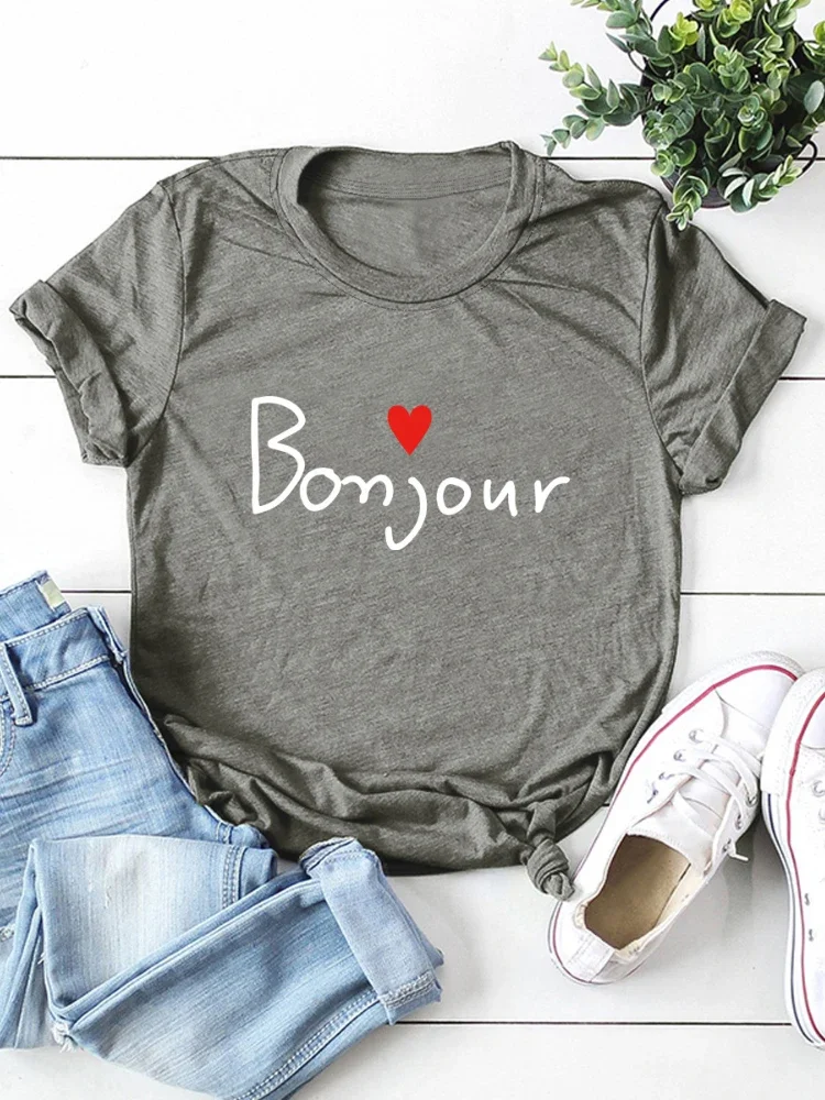 Bonjour Heart Print Women T Shirt Short Sleeve O Neck Loose Women Tshirt Ladies Tee Shirt Tops Clothes Camisetas Mujer