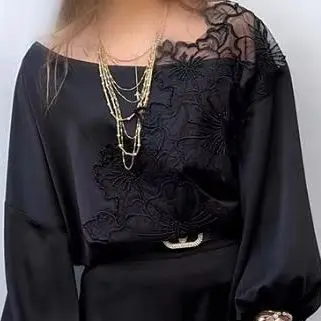 

Women's Tee Asymmetrical Neck Cold Shoulder Lantern Sleeve Embroidery Blouses Female Vacation Casual Lace Patchwork Loose Top