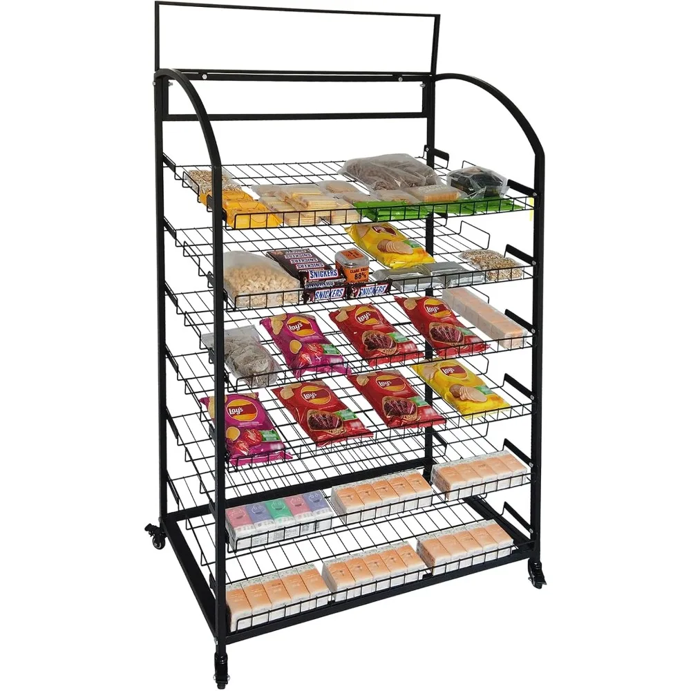 

Bakery Display Rack: Equipped with Wheels and Header Holder, 39.5" Wide Potato Chip Display Rack, 6 Shelves Snack Rack Display.