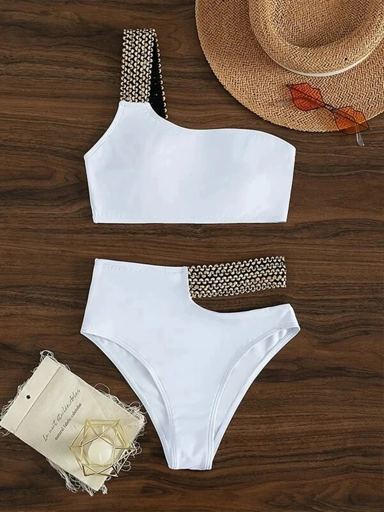 Conjunto de Bikini de un solo hombro para mujer, traje de baño Sexy liso de 2 piezas, traje de baño dividido, Bikinis de playa de cintura alta, nuevo traje de baño de verano 2025, conjunto de Bikini