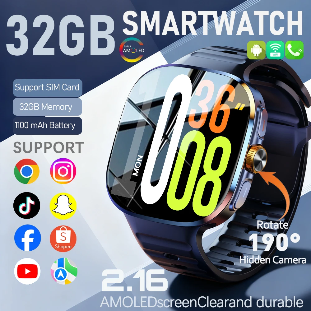 

2025 New 5G Cellular Version Smartwatch 2.16inch Amoled Larger Screen Android Smart Watch With Rotary Camera Sim Card Slot WIFI