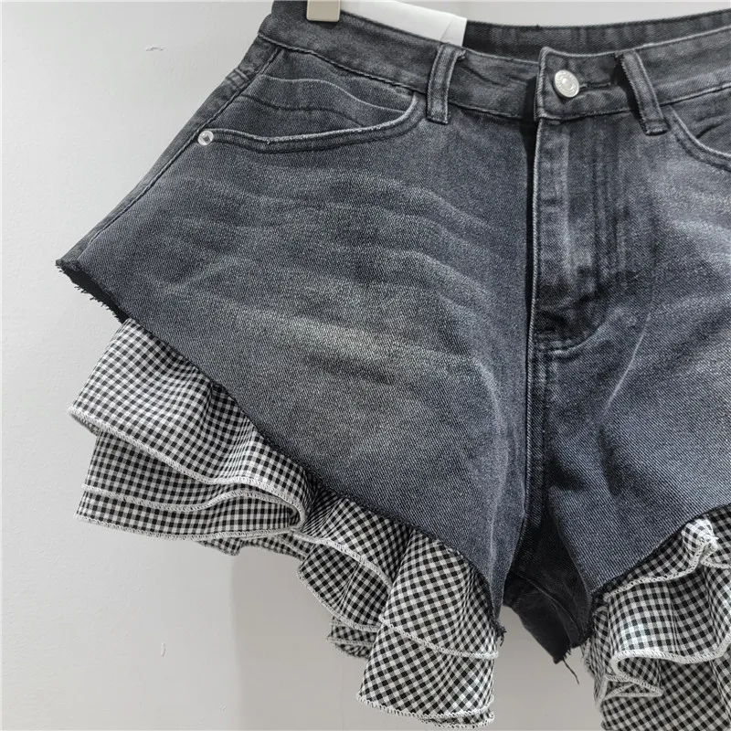 Estilo europeu e americano personalizado denim emenda pequeno xadrez shorts removíveis, shorts jeans de cintura alta para mulheres meninas