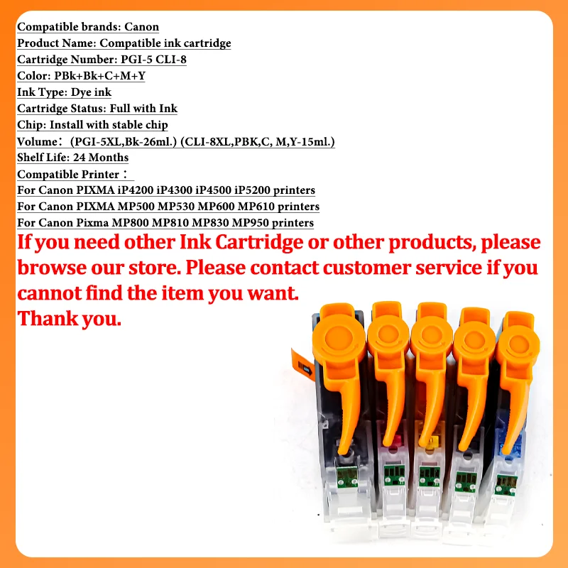 Compatible For Canon PIXMA iP4200 iP4300 iP4500 MP500 iP5200 MP530 MP600 MP610 MP800 1~5SET PGI5 CLI8 CLI-8 PGI-5 Ink Cartridge