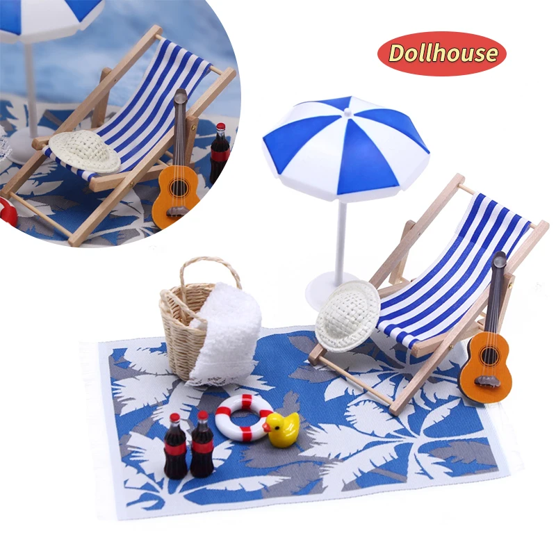 1 Set Dollhouse Mini Sunshade Umbrella Deckchairs Fairy Garden Decoration Summer Beach Micro Landscape DIY Accessories