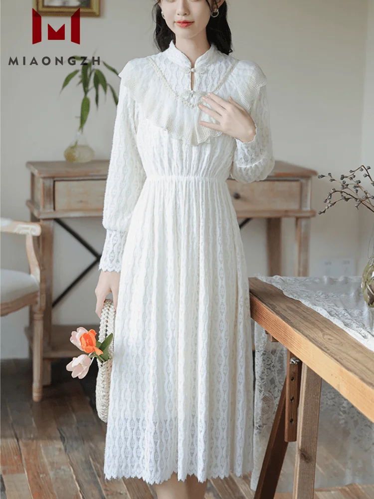 

Vintage Fashion Solid Lace Dress For Women Stand Collar Long Sleeve 2023 Autumn High Waist Ruffle Birthday Party Dresses Vestido