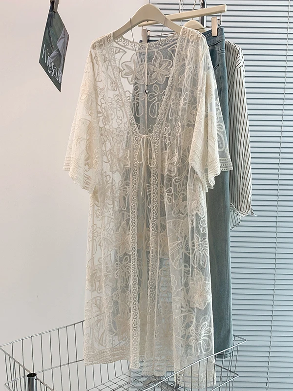 Bohemian Style Long Sleeve Sunscreen Mesh Dress Boho Holiday Fashion Women's Brand New Outerwear Cover up Long Dress