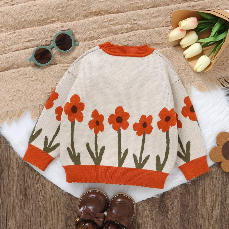 Baby Girl Sweaters Classic Long Sleeve Flower Print Knit Pullover Toddler Fall Tops