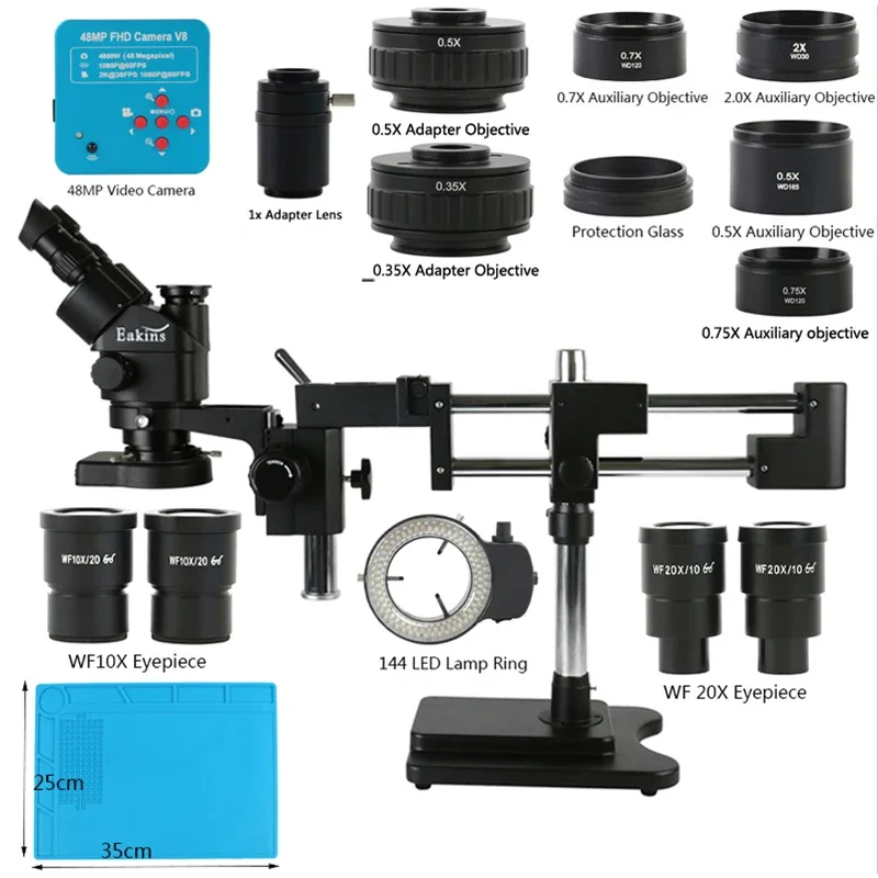 Simul-Focus Parfocal 3.5X 90X 180X Trinocular Stereo Microscope 48MP 4800W 2K HDMI USB Video Camera for Specialty PCB Repair