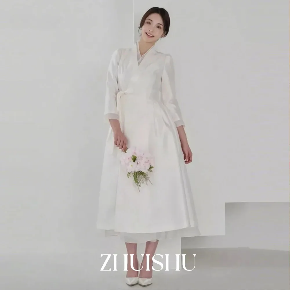 ZHUISHU 2025 elegante zijde satijn avondjurk v-hals lange mouwen prom toga korea trouwjurk fotoshoot aangepaste partij