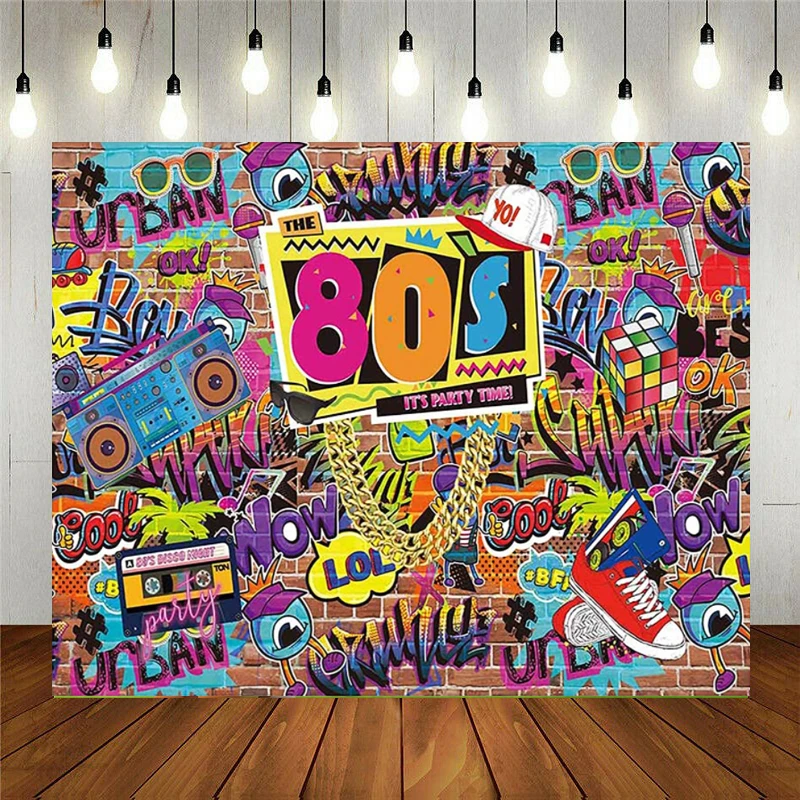 

80s Party Backdrop For Pictures Hip Hop Rock Punk Music Disco Retro Adult Birthday Colorful Graffti Brick Wall Event Decor