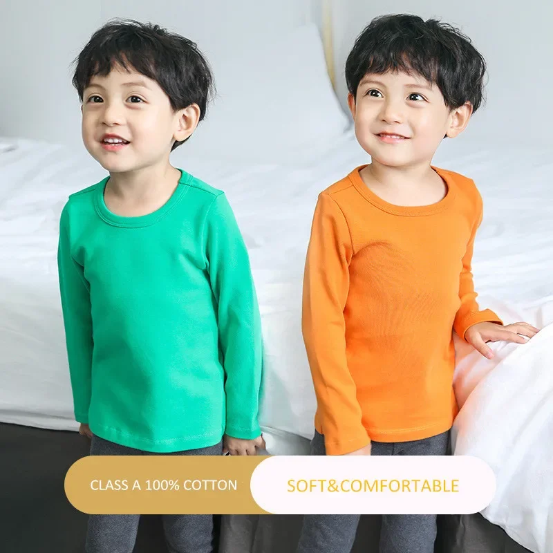 Spring Autumn Children Boys Girls T-shirt 100% Cotton Solid Casual Long Sleeve T-shirts for Kids Soft Kids Tops Unisex Clothes