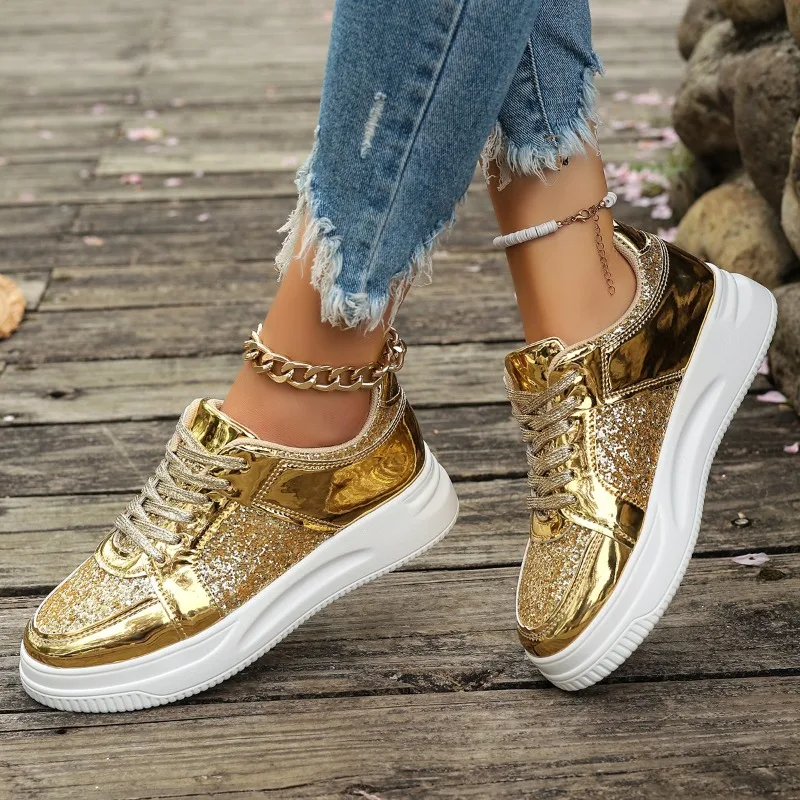 2024 brand women's shoes Lace up Women's Vulcanize Shoes Fashion crystal Ladies casual sneakers new round head classic sneakers