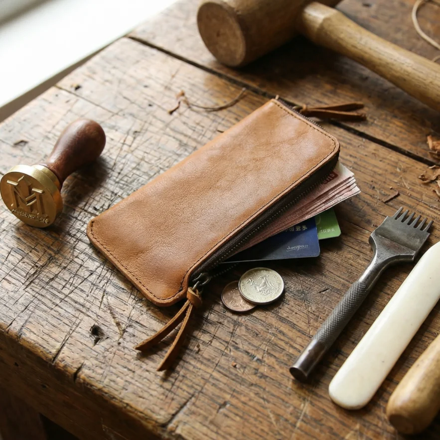 Retro Vegetable Tanned Top Layer Leather Wallet for Unisex YKK Zipper Long Genuine Leather Purse Multifunctional Coin Key Pouch