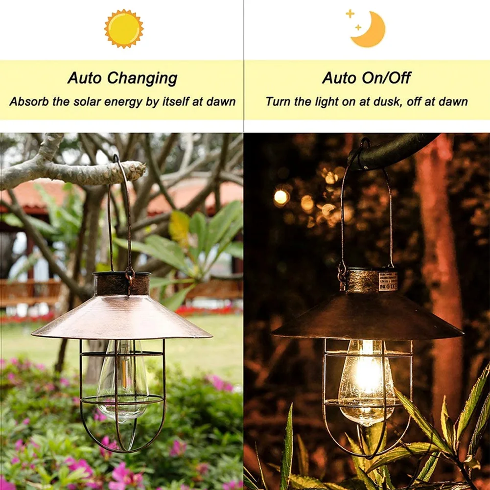 Solar Lantern Lamp Outdoor Hanging Waterproof Vintage Metal Solar Garden Lights with Tungsten Bulb Decorative