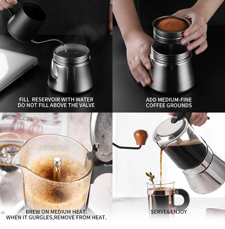 Caffettiera per caffè espresso con piano cottura in vetro borosilicato di vendita caldo Pentola per moka in acciaio inossidabile 304