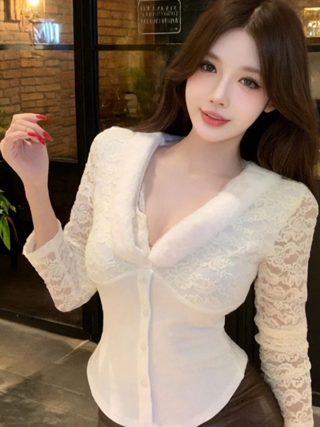 

Slim Fit Lace Splice Knitted Base Shirt V-Neck White Inner Wear Fashionable Pure Desire Korean Style Commute Wind Long Sleeve