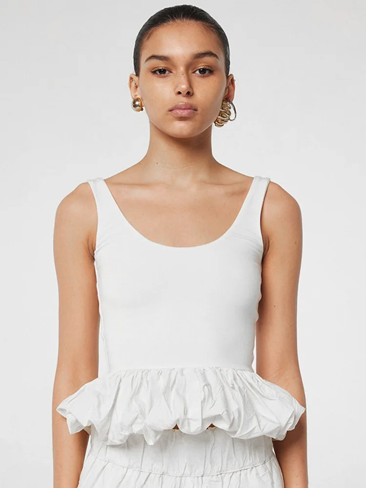 Square Neck Tank Tops For Women Sleeveless Backless Crop Top With Peplum Bubble Hem Summer Top Black White