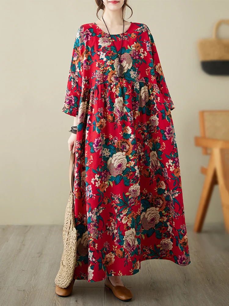 Oversize Cotton Long Sleeve Print Vintage Dresses For Women 2026 Spring Autumn Casual Loose Dress Femme Robe Elegant Clothing