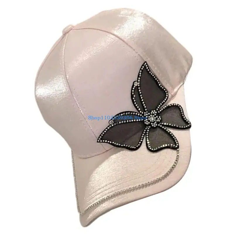 

400A Elegant Rhinestones Butterfly Baseball Caps for Female and Girl Adjustable Sunproof Hat for Daily Wear All Matching