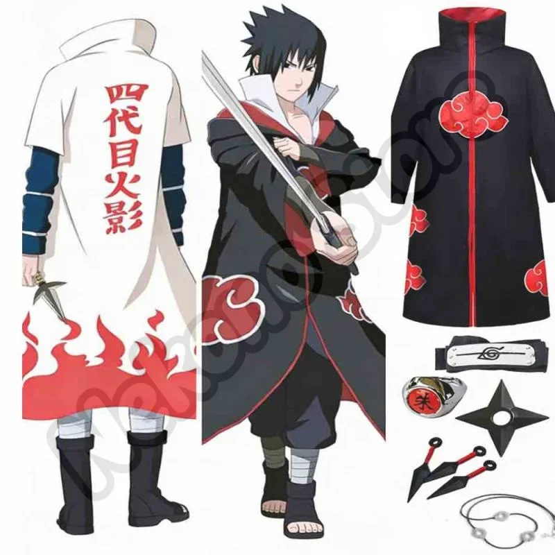 Anime Erwachsenen Herren Akatsuki Rote Wolken Robe Cosplay Outfit Anime Ninja Uchiha Umhang mit passendem Stirnband Halloween Requisiten-Set