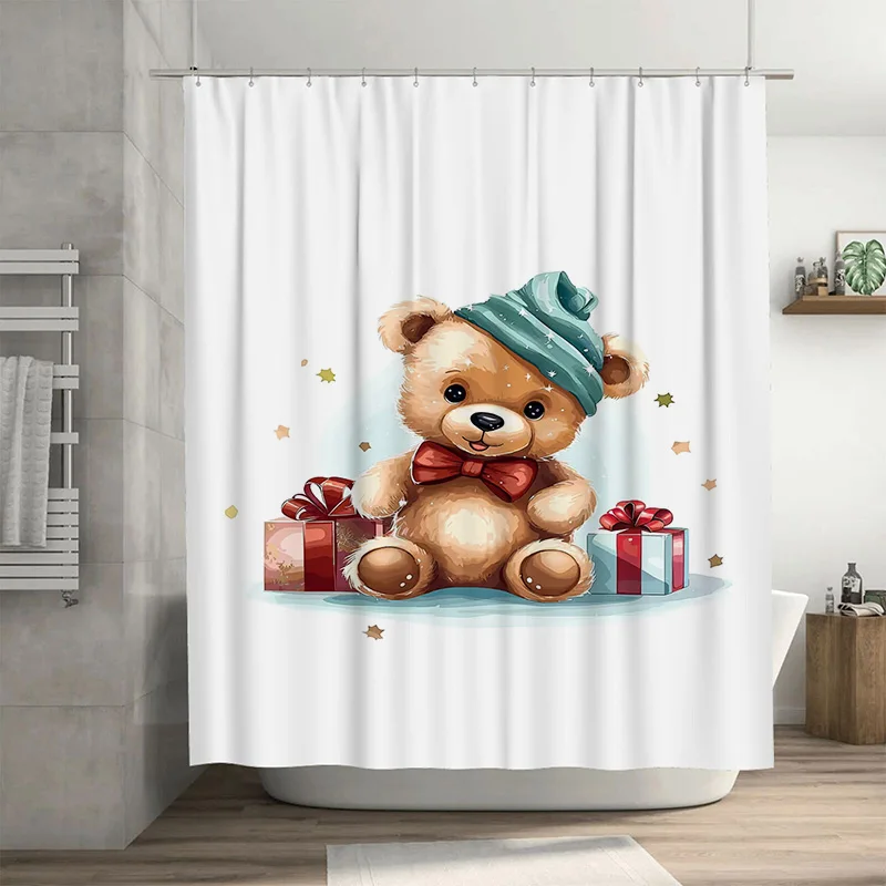 

Tuniu милый медведь Рождественская занавеска для душа для ванной комнаты Праздничный праздничный декор Лесные животные Подарочная упаковка Водонепроницаемая тканевая панель f