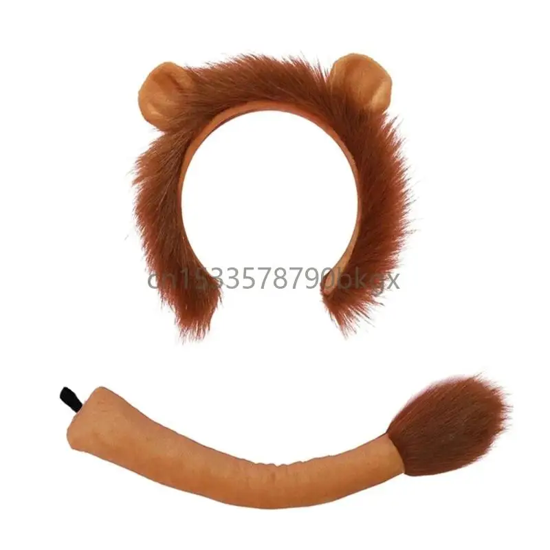 

Animal Lions Costume Set Plush Lions Ears Headband Tail Halloween Cosplay Prop J78E