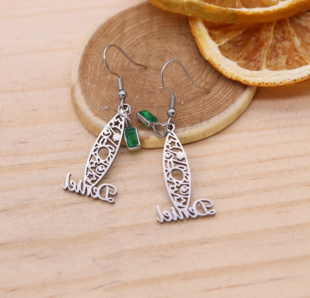 Stainless Steel Hollow Surfboard with Star & Sunflower Personalized Custom Name Dangle Earrings Jewelry For Women Girls Gifts