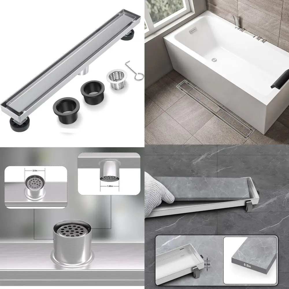 

Stainless Steel 32-Inch Linear Shower Drain with Tile Insert Grate, Brushed Nickel Rectangle Floor Drain, Hair Strainer Included