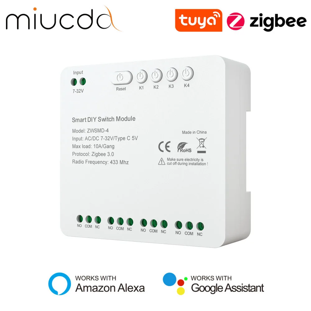 MIUCDA Tuya Zigbee Switch Module 4CH DC 7-32V AC85-250V Smart Wireless RF433 Relay Switch Universal Module For Alexa Google Home