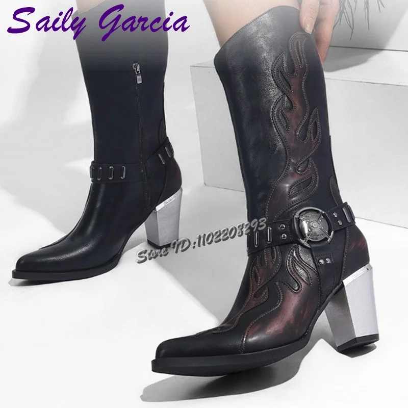 

Retro Rubbed Color Flame Mid-calf Boots Pointed Side Zipper Fashion Square Heel Western Cowboy Boots Women Shoes Autumn 2025